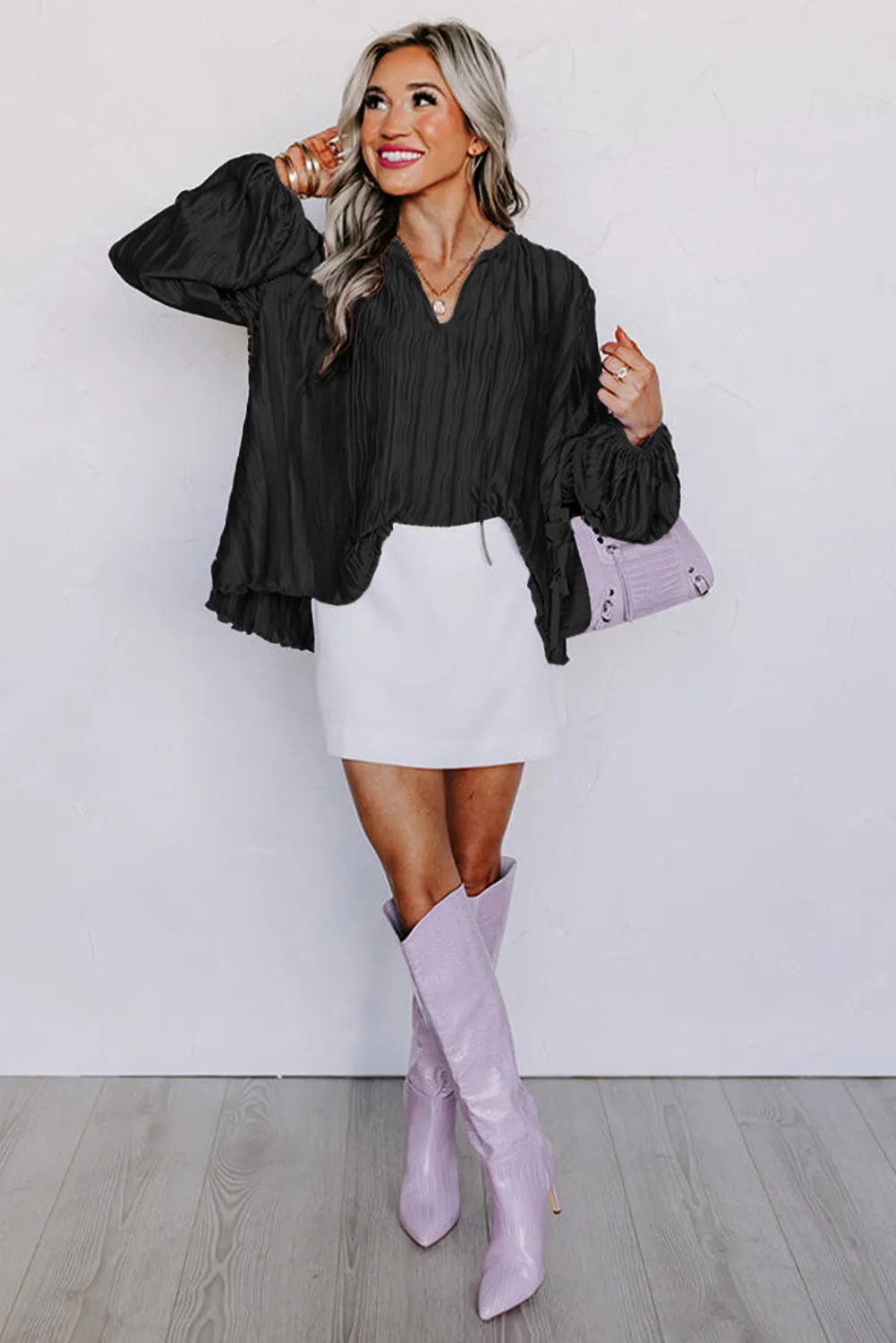 Black Textured Bubble Sleeve V Neck Loose Blouse sold by Beagle Boutique product image thumbnail 3