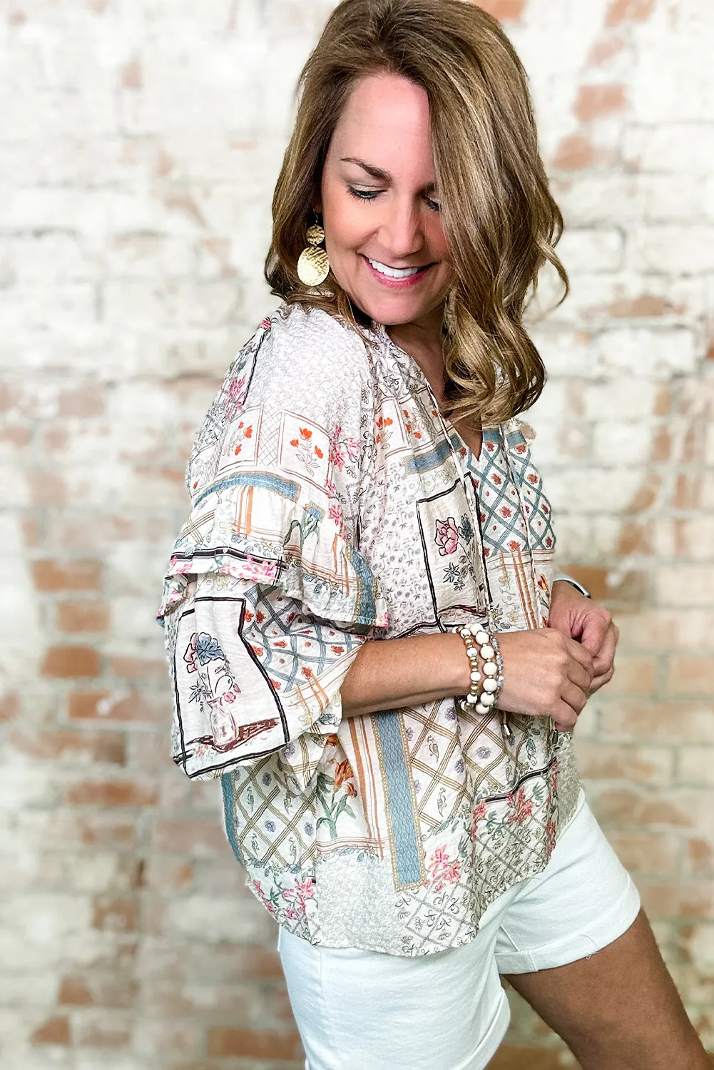 Multicolour Boho Floral Patched Ruffled Sleeve Tied Neck Blouse sold by Beagle Boutique product image thumbnail 5