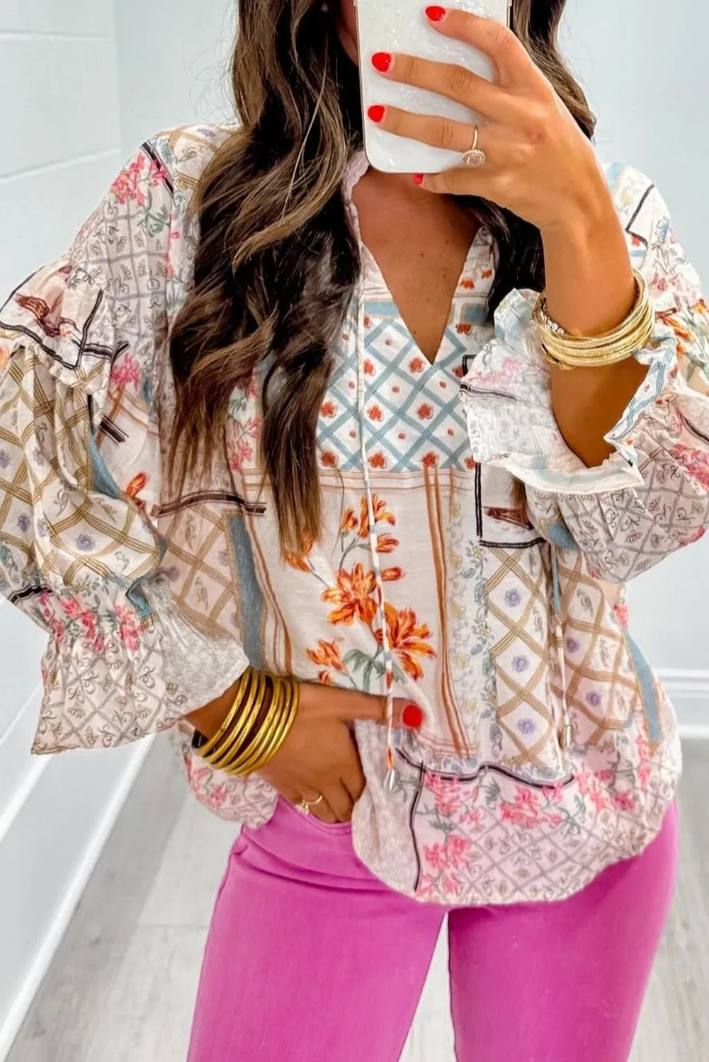 Multicolour Boho Floral Patched Ruffled Sleeve Tied Neck Blouse sold by Beagle Boutique