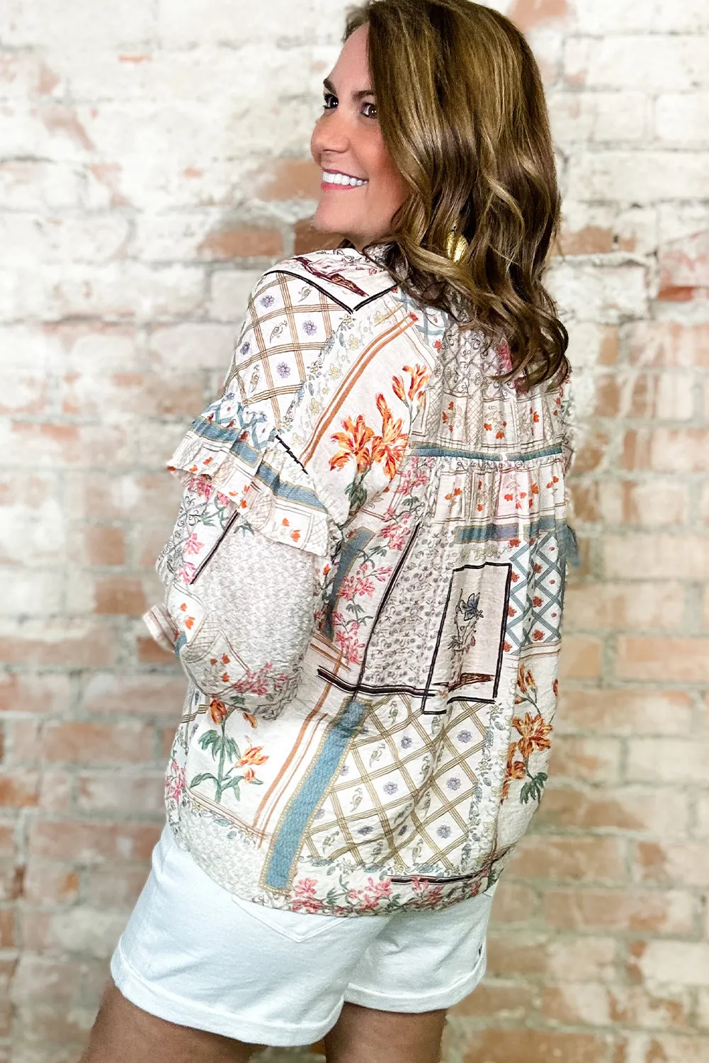 Multicolour Boho Floral Patched Ruffled Sleeve Tied Neck Blouse sold by Beagle Boutique product image thumbnail 2