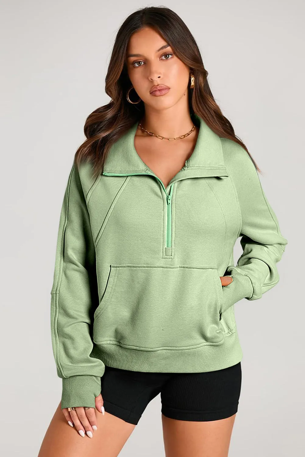 Smoke Green Quarter Zip Stand Neck Kangaroo Pocket Sweatshirt sold by Beagle Boutique product image thumbnail 3