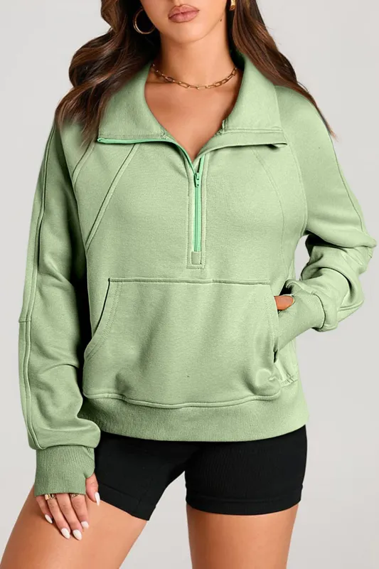 Smoke Green Quarter Zip Stand Neck Kangaroo Pocket Sweatshirt sold by Beagle Boutique