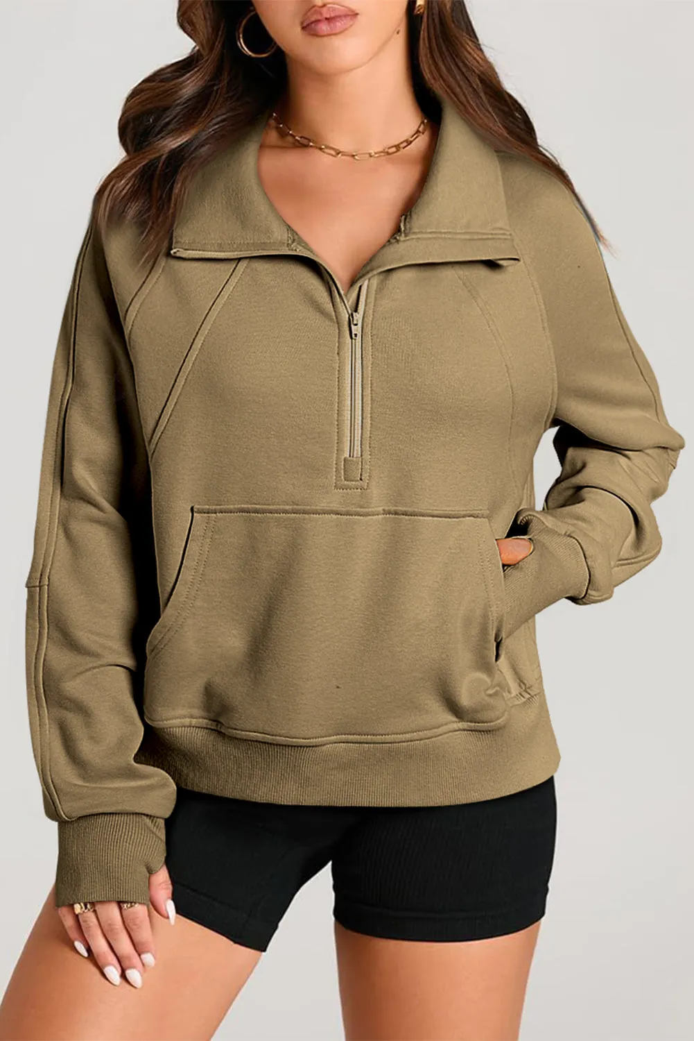 Smoke Green Quarter Zip Stand Neck Kangaroo Pocket Sweatshirt sold by Beagle Boutique product image thumbnail 4