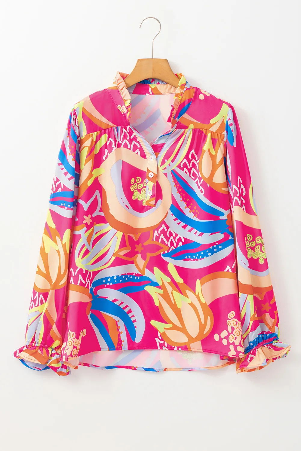 Black Abstract Print Ruffled Sleeve Buttoned V Neck Blouse sold by Beagle Boutique