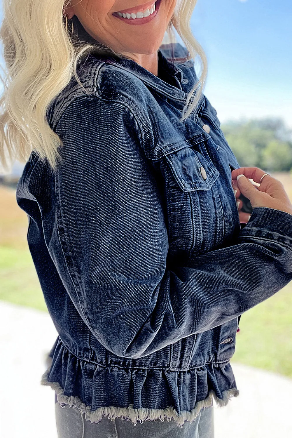 Navy Blue Ruffle Raw Hem Flap Pockets Denim Jacket sold by Beagle Boutique product image thumbnail 3