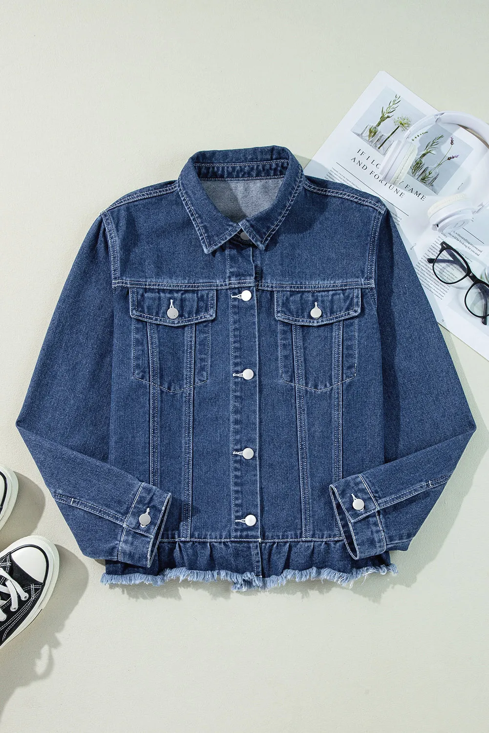 Navy Blue Ruffle Raw Hem Flap Pockets Denim Jacket sold by Beagle Boutique product image thumbnail 5