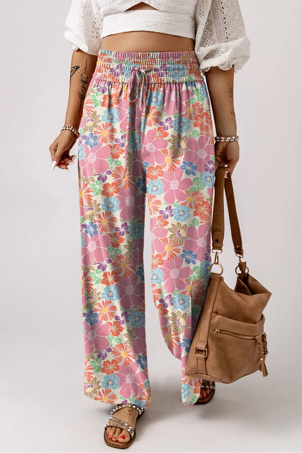 Pink Floral Smocked Waist Loose Trousers sold by Beagle Boutique