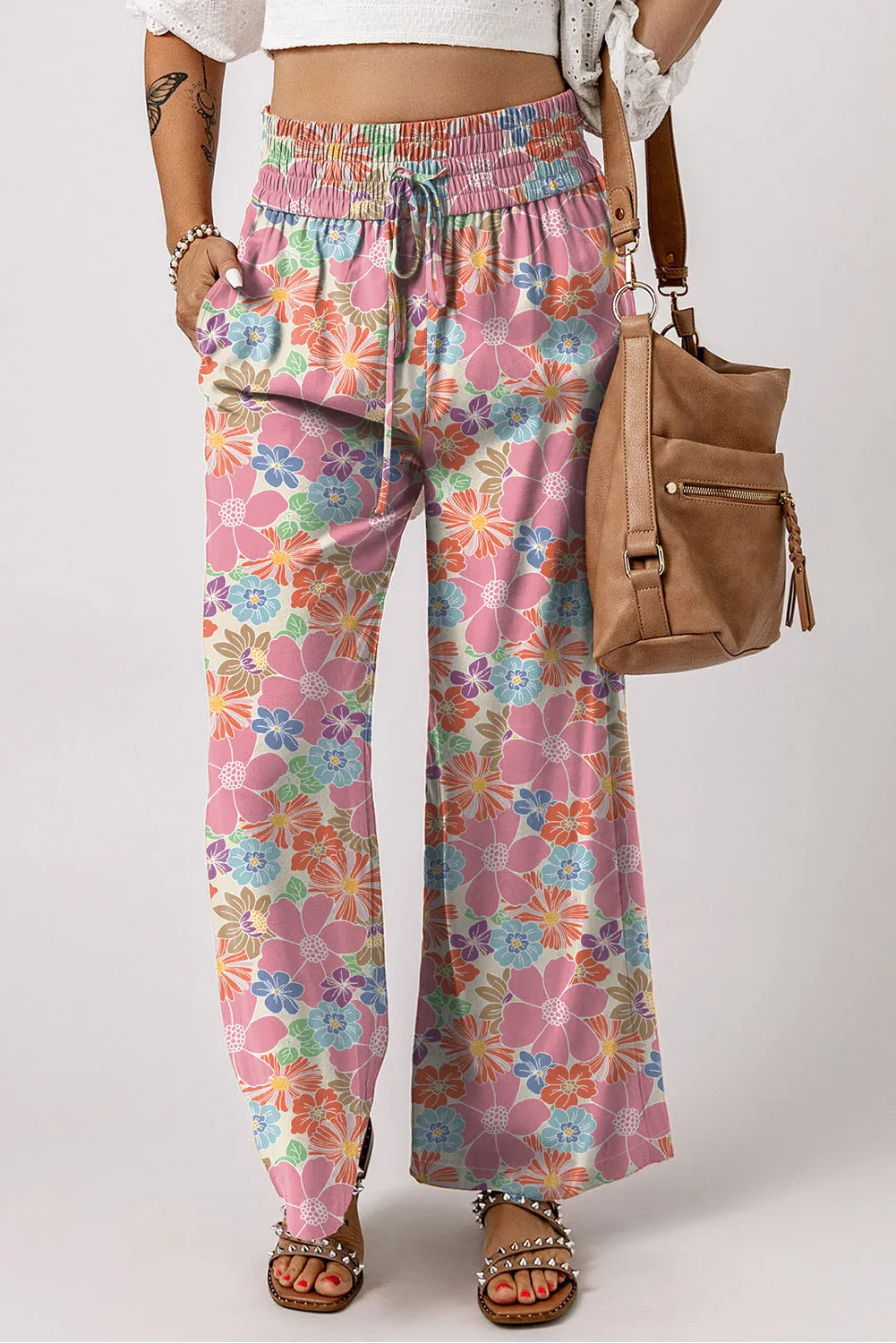 Pink Floral Smocked Waist Loose Trousers sold by Beagle Boutique product image thumbnail 3