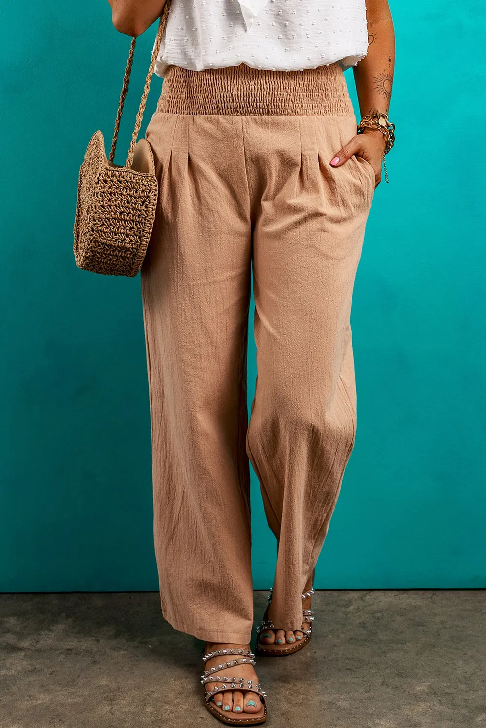 Clay Smocked Waist Loose Straight Leg Trousers sold by Beagle Boutique