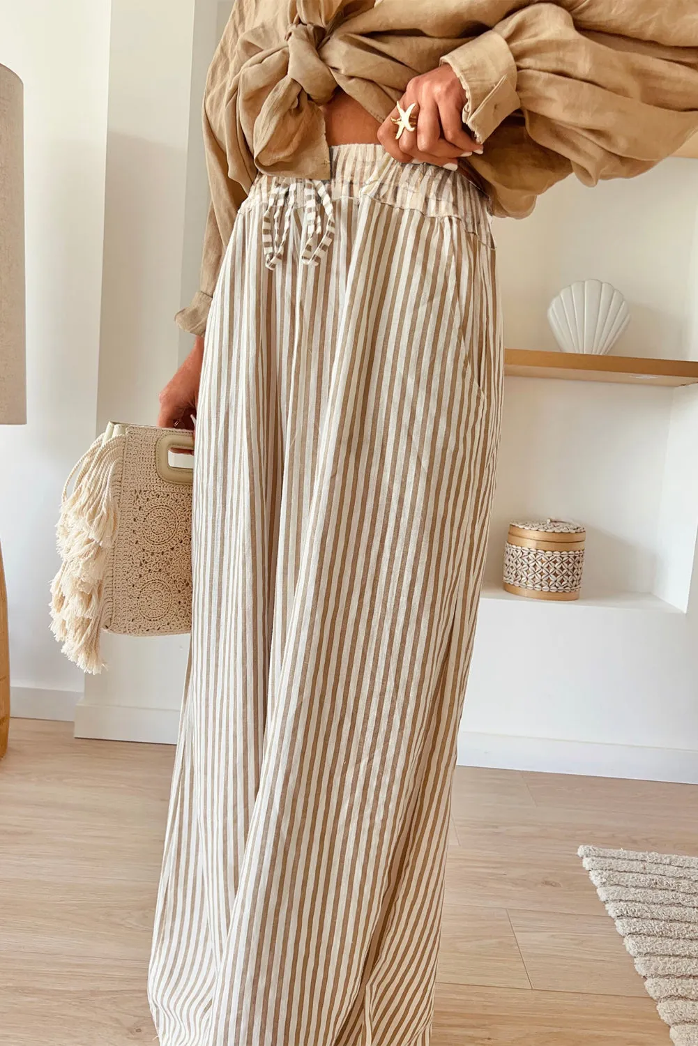 Khaki Stripe Print Wide Leg Drawstring Trousers sold by Beagle Boutique product image thumbnail 2