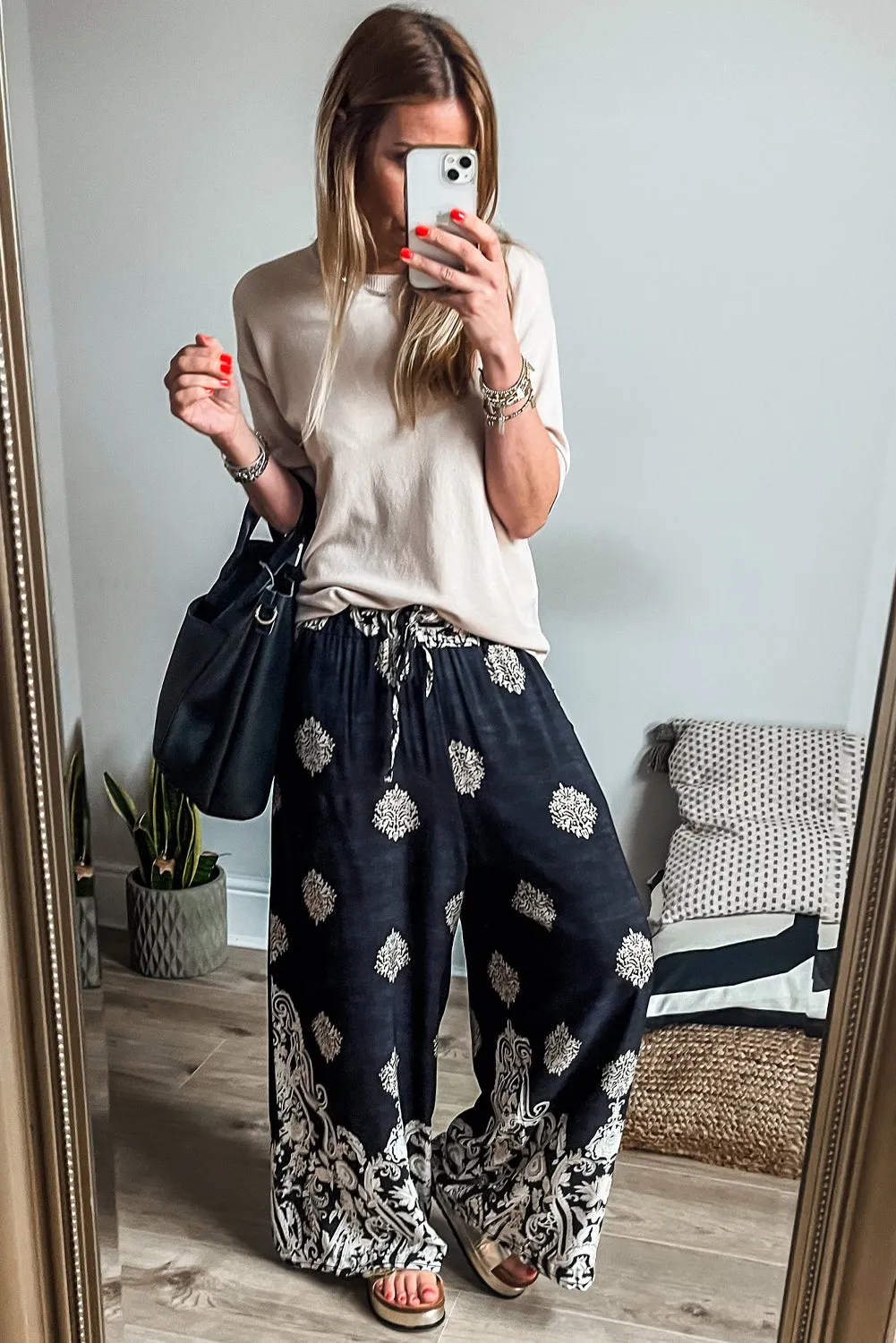 Black Bohemian Printed Drawstring Waist Wide Leg Trousers sold by Beagle Boutique product image thumbnail 3