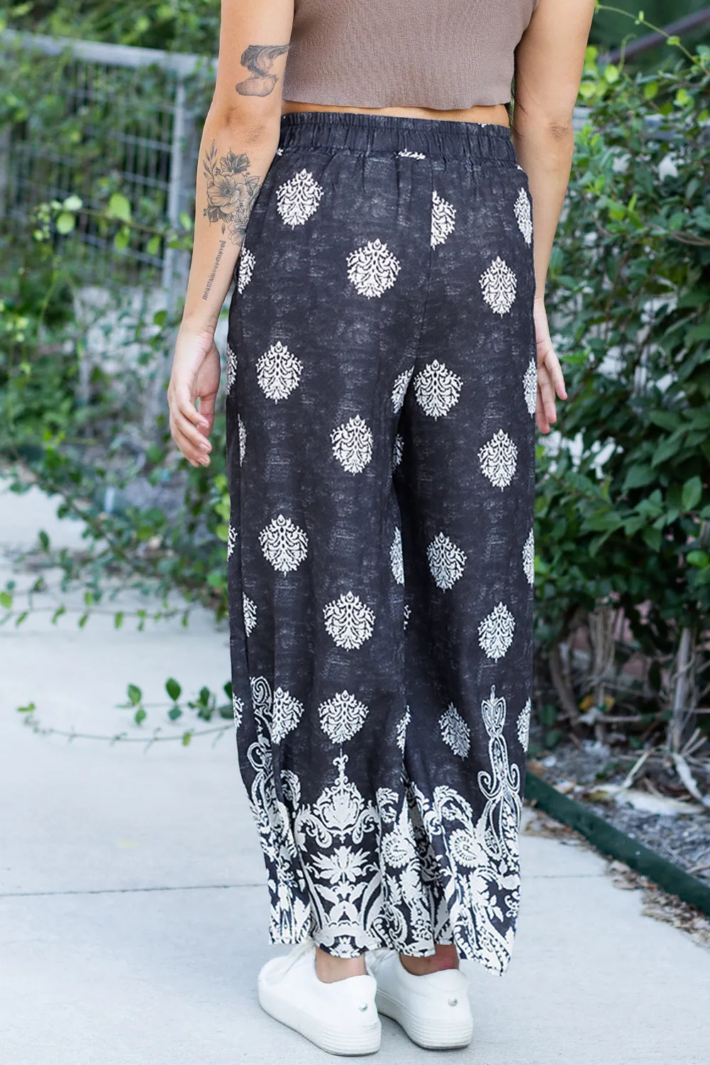 Black Bohemian Printed Drawstring Waist Wide Leg Trousers sold by Beagle Boutique product image thumbnail 5