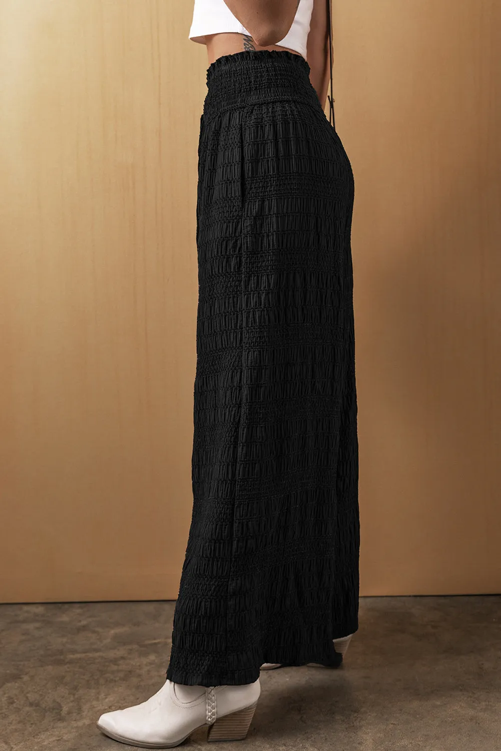 Black Textured Wide Smocked Waist Loose Trousers sold by Beagle Boutique product image thumbnail 2