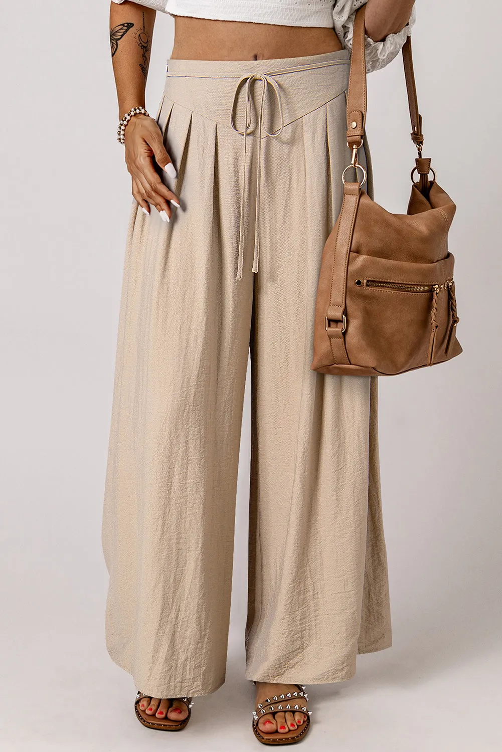 Beige Drawstring Waist Pleated Wide Leg Casual Trousers sold by Beagle Boutique