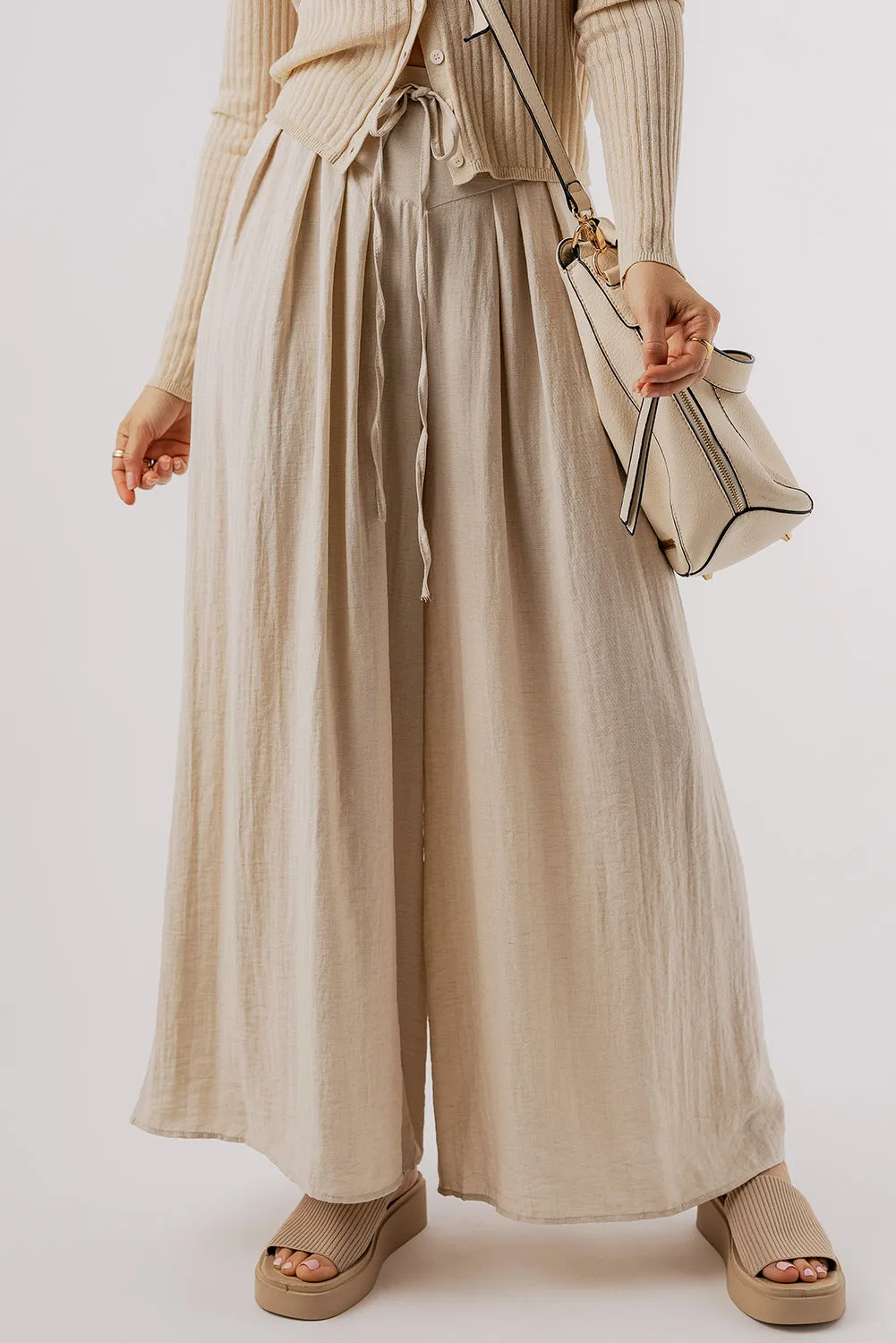 Beige Drawstring Waist Pleated Wide Leg Casual Trousers sold by Beagle Boutique product image thumbnail 3