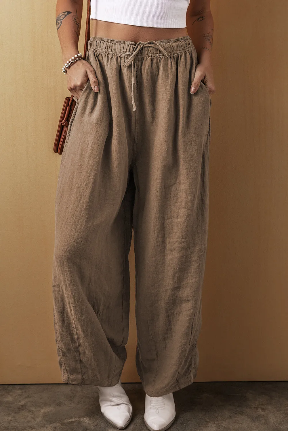 Desert Palm Cotton Linen Drawstring Waist Wide Leg Trousers sold by Beagle Boutique