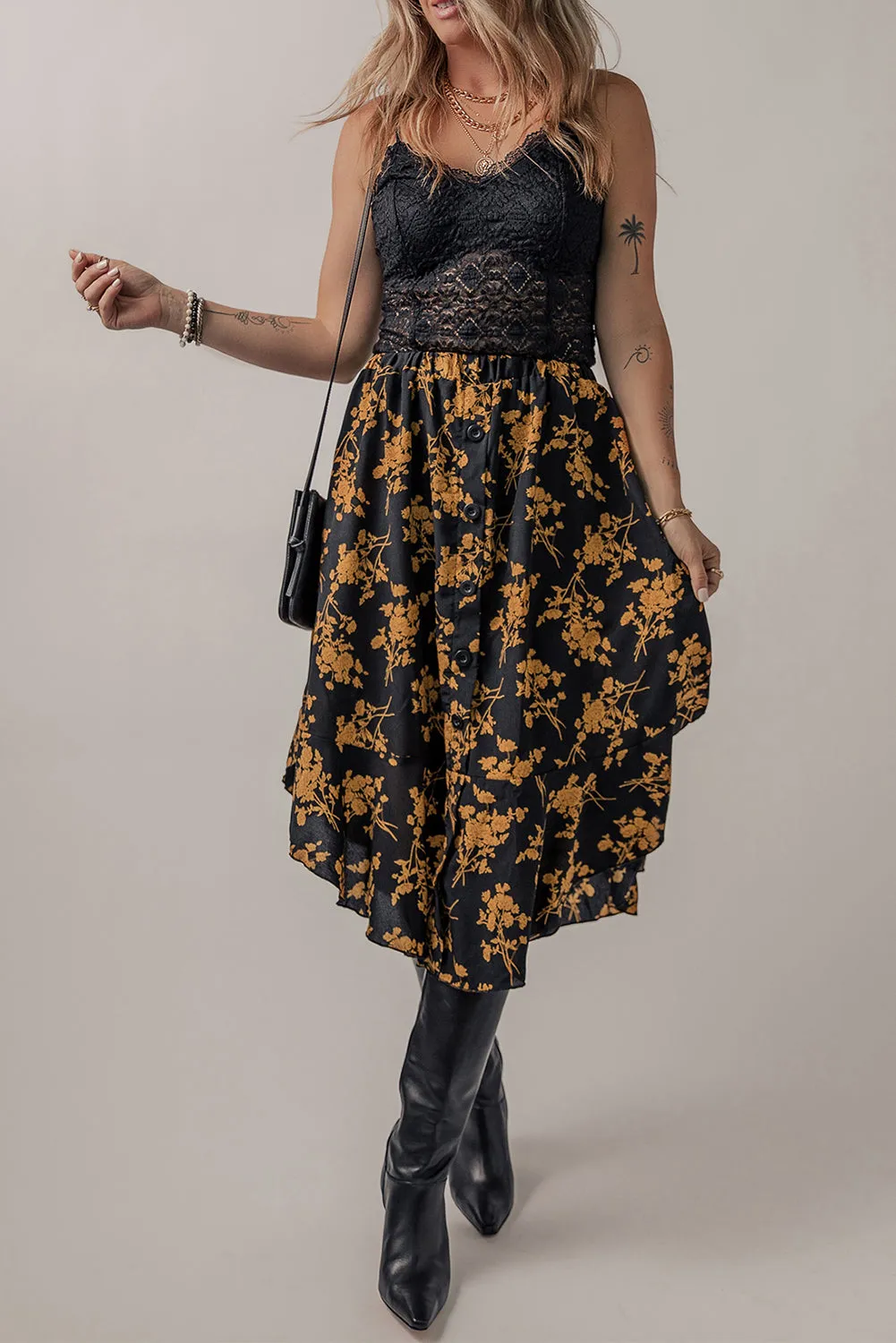Black Printed Elastic Waist Button Decor Floral Ruffle Skirt sold by Beagle Boutique product image thumbnail 3