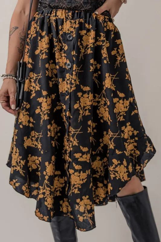 Black Printed Elastic Waist Button Decor Floral Ruffle Skirt sold by Beagle Boutique