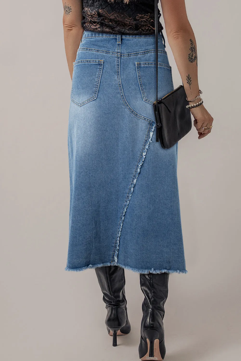 Light Blue Frayed Slit Asymmetric Denim Midi Skirt sold by Beagle Boutique product image thumbnail 2
