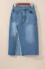 Light Blue Frayed Slit Asymmetric Denim Midi Skirt sold by Beagle Boutique