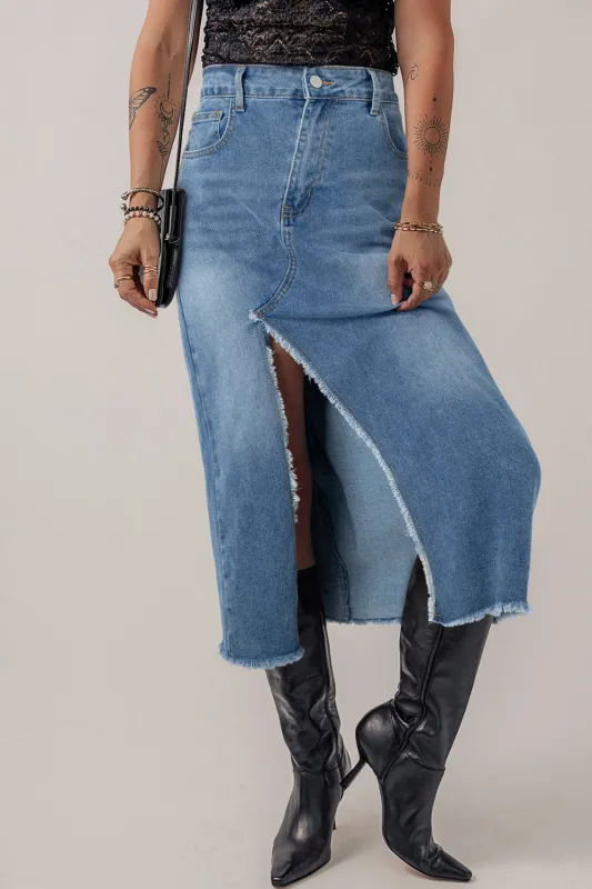 Light Blue Frayed Slit Asymmetric Denim Midi Skirt sold by Beagle Boutique