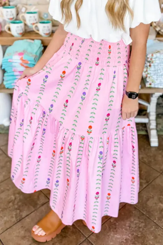 Pink Printed Smocked Tiered Maxi Skirt sold by Beagle Boutique