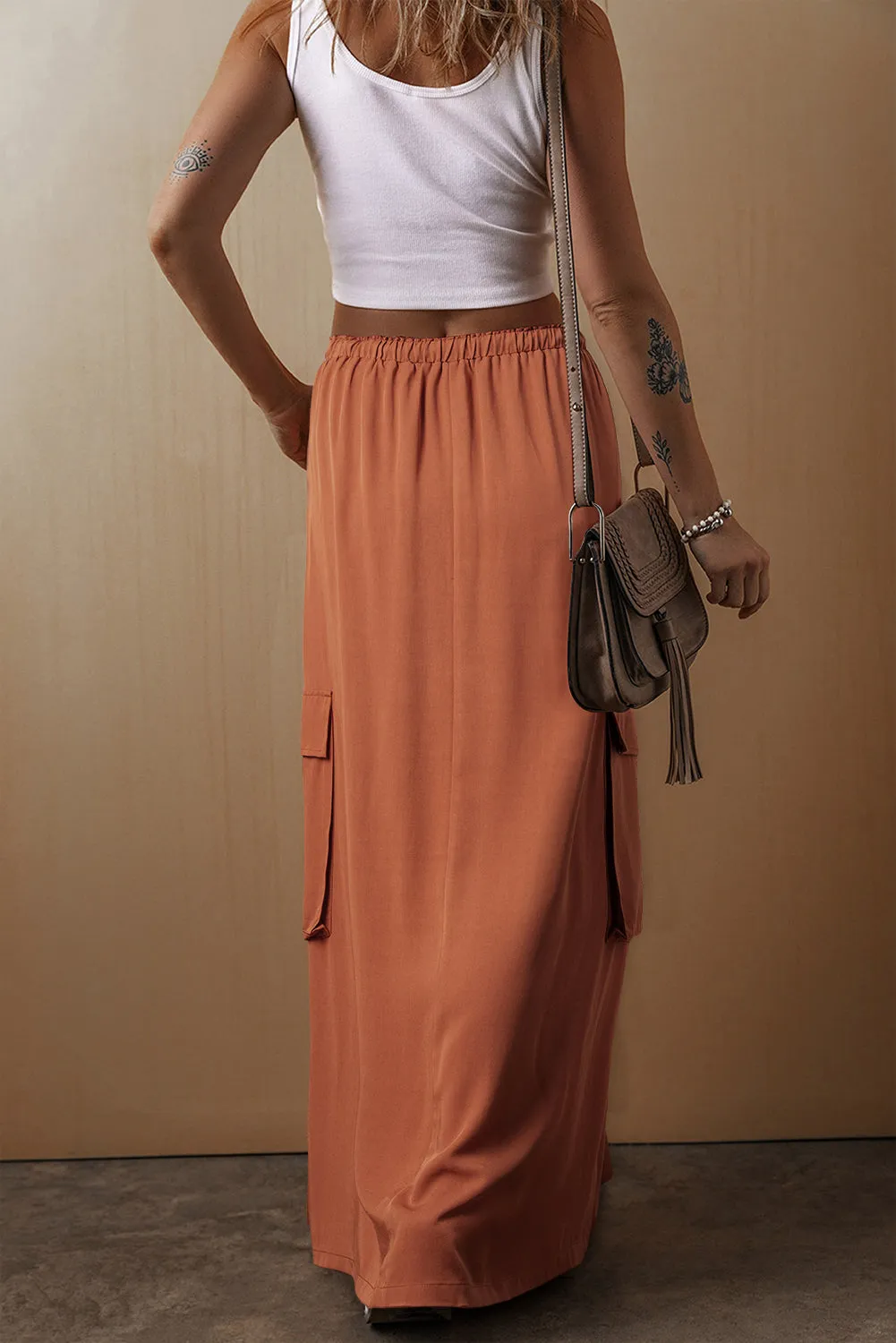 Chestnut Mineral Wash Cargo Pocket Drawstring Waist Maxi Skirt sold by Beagle Boutique product image thumbnail 2