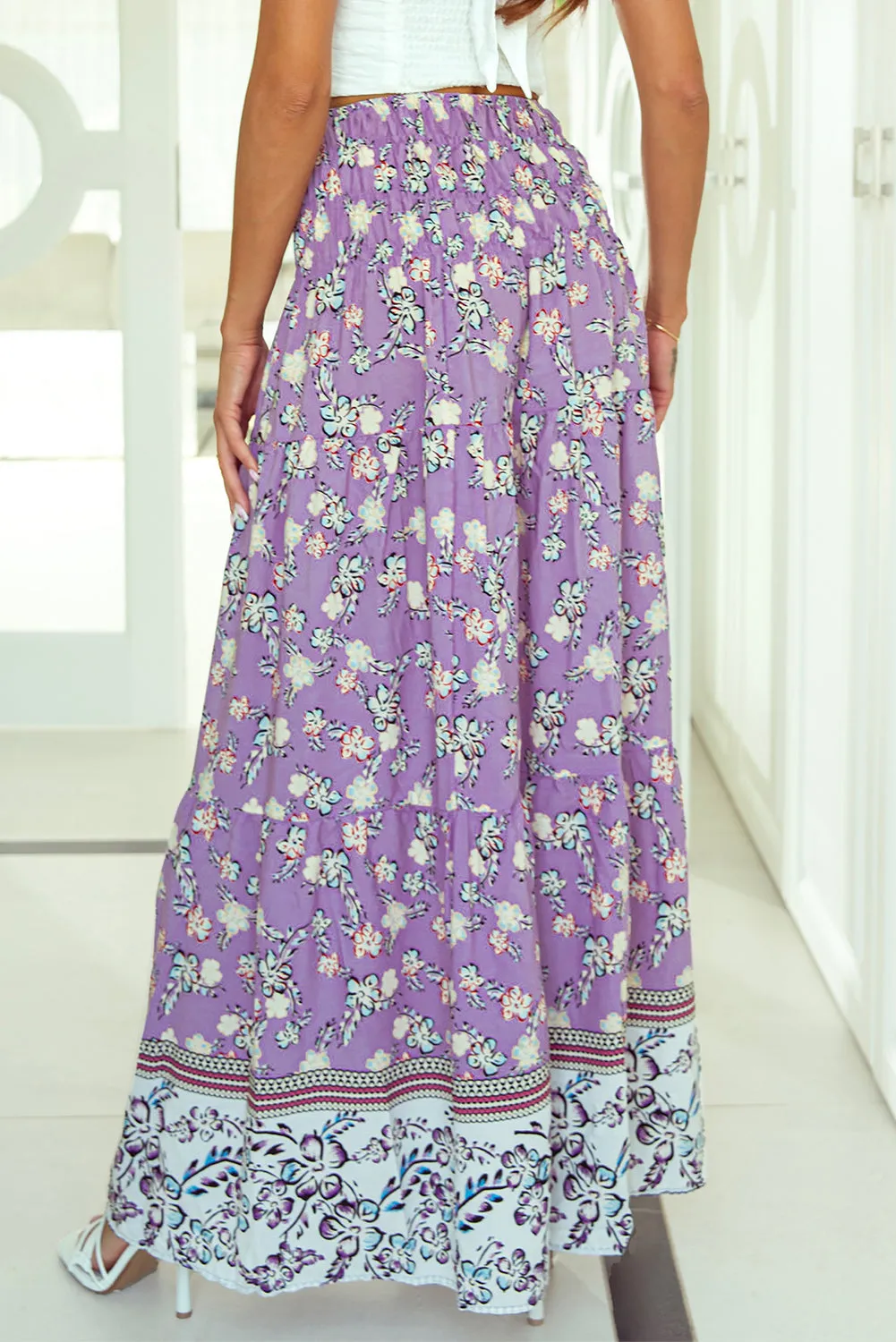 Purple Floral Print Shirred High Waist Maxi Skirt sold by Beagle Boutique product image thumbnail 2