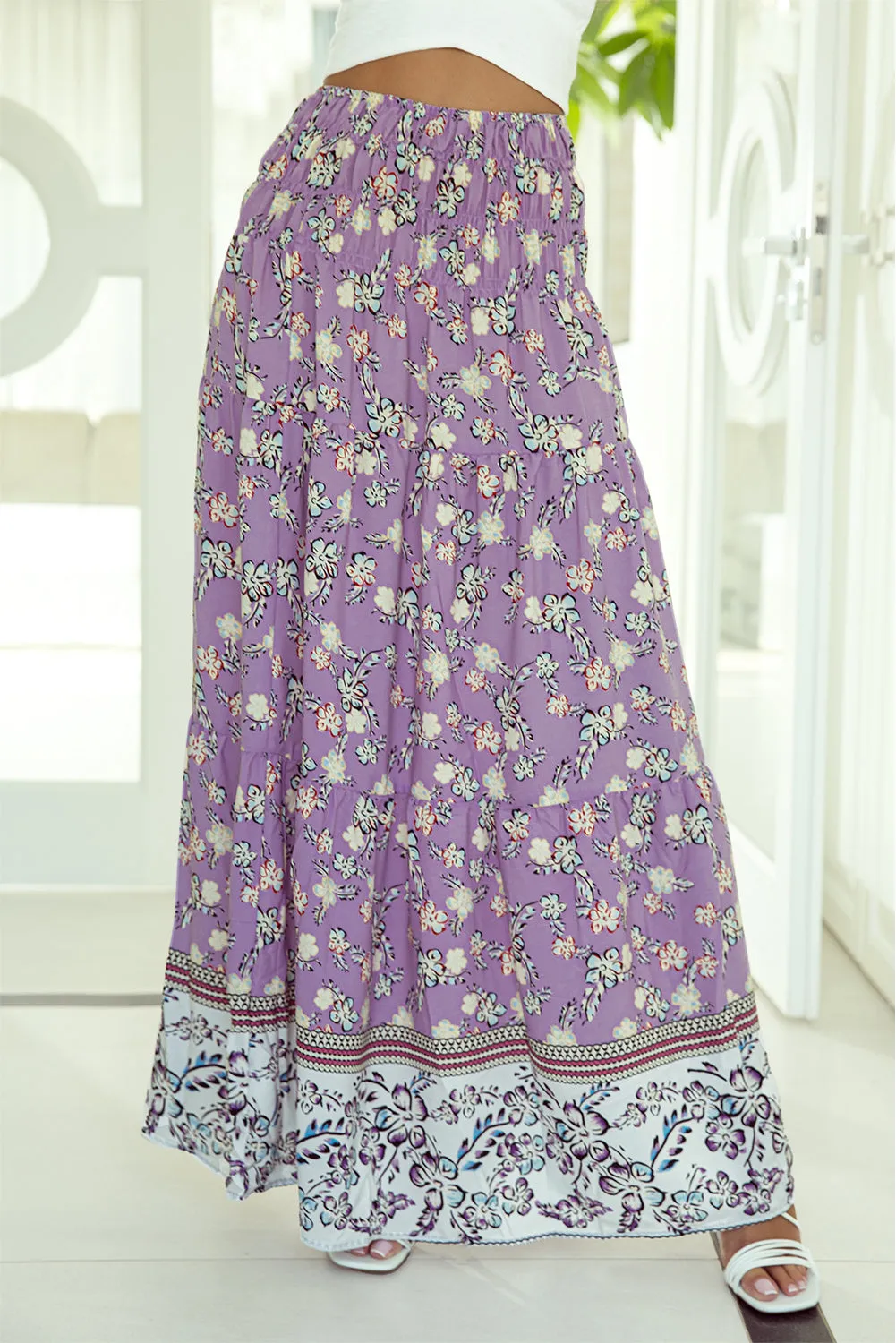 Purple Floral Print Shirred High Waist Maxi Skirt sold by Beagle Boutique