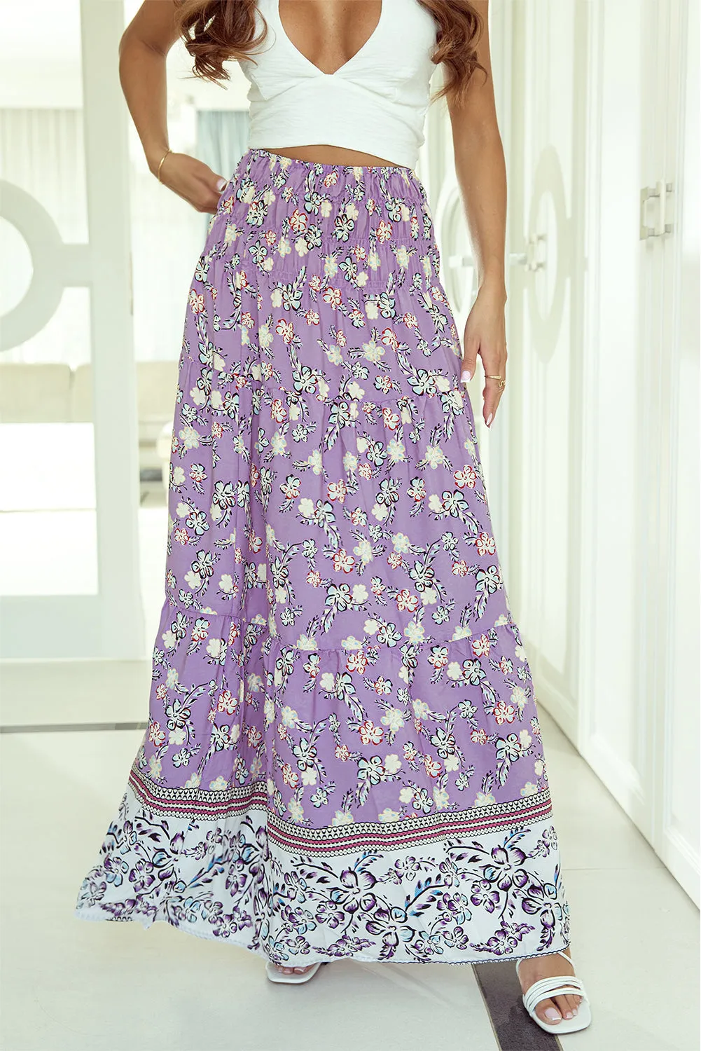 Purple Floral Print Shirred High Waist Maxi Skirt sold by Beagle Boutique product image thumbnail 3