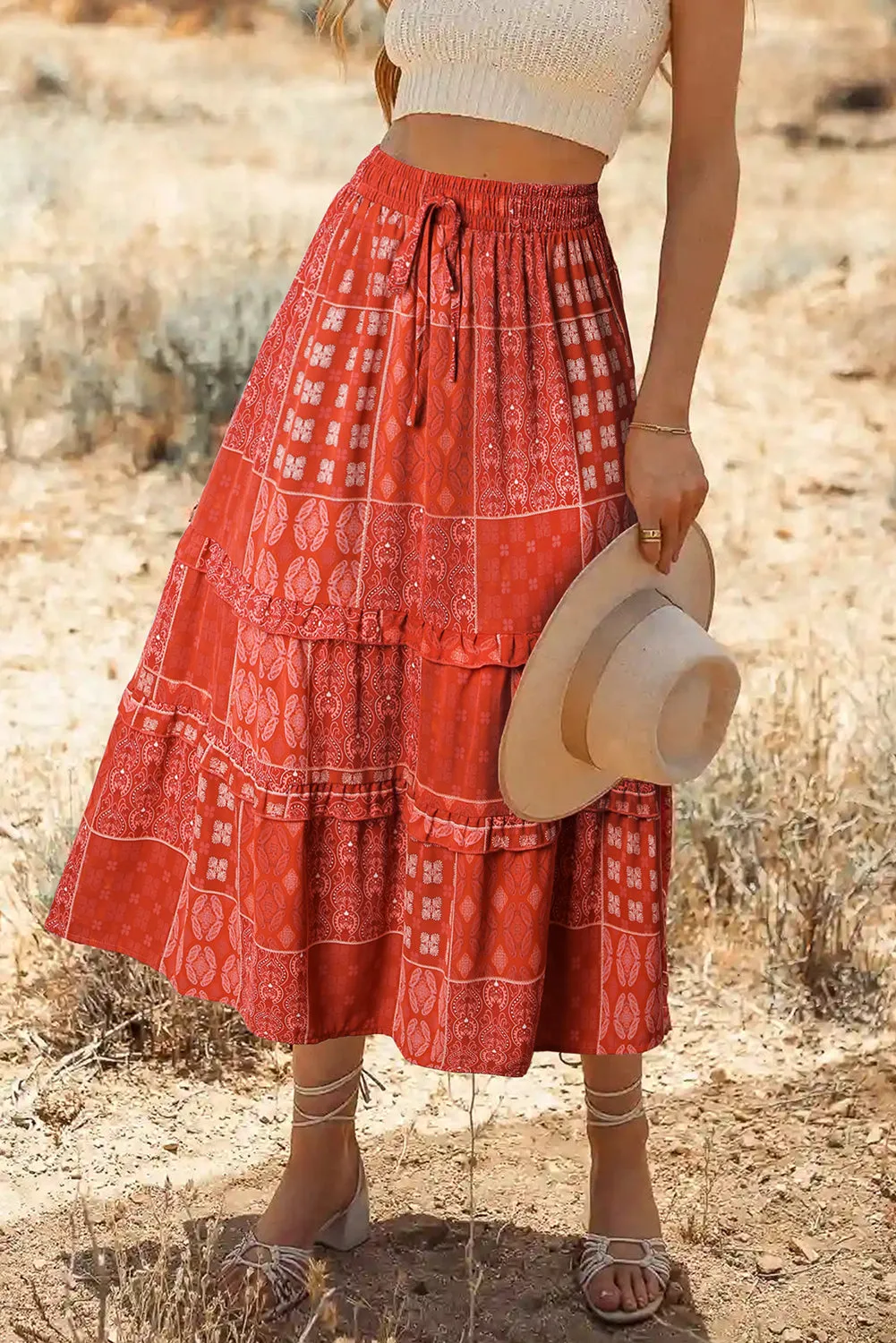 Fiery Red Bohemian Mix Print Long Flared Skirt sold by Beagle Boutique