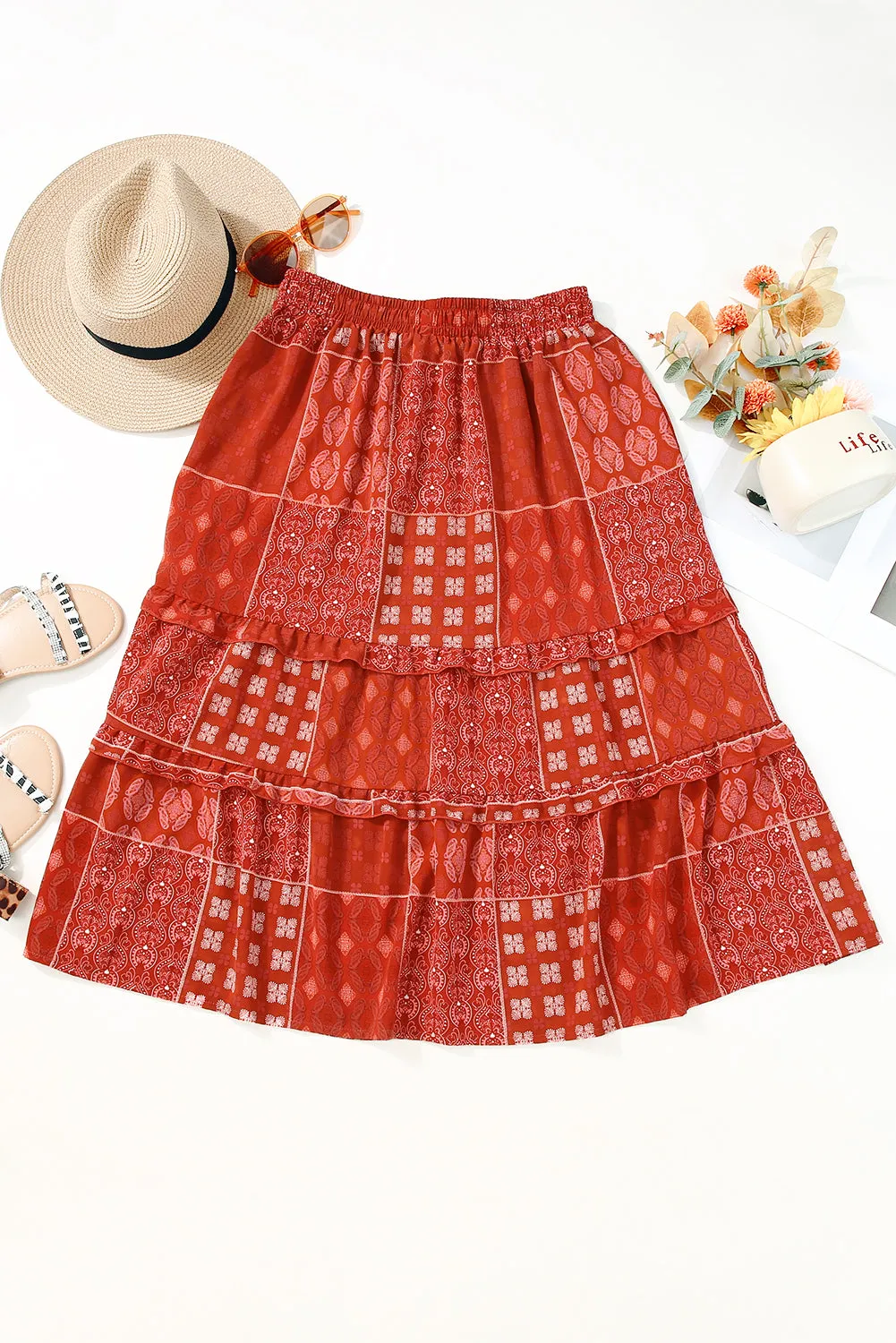 Fiery Red Bohemian Mix Print Long Flared Skirt sold by Beagle Boutique product image thumbnail 3