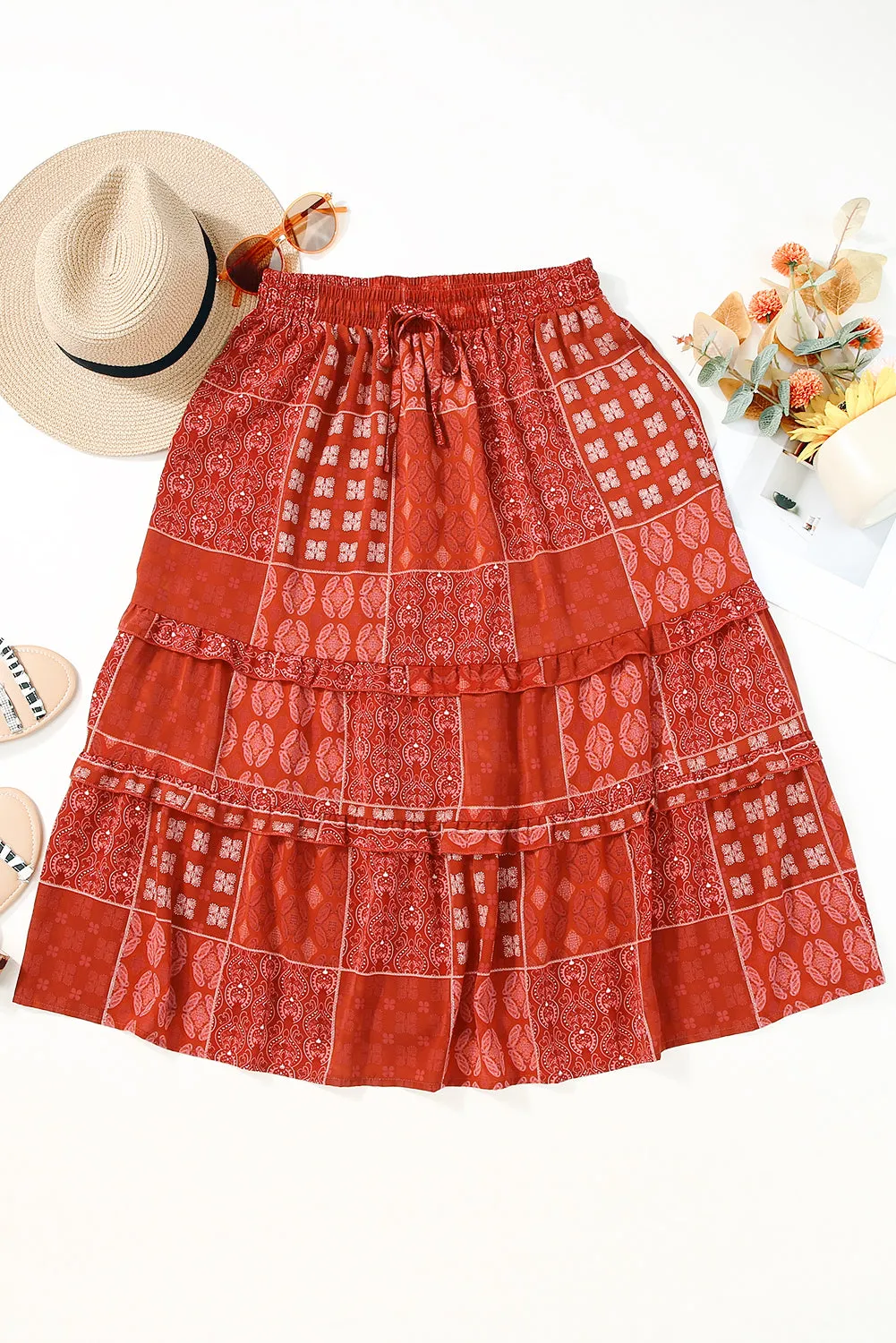 Fiery Red Bohemian Mix Print Long Flared Skirt sold by Beagle Boutique product image thumbnail 2