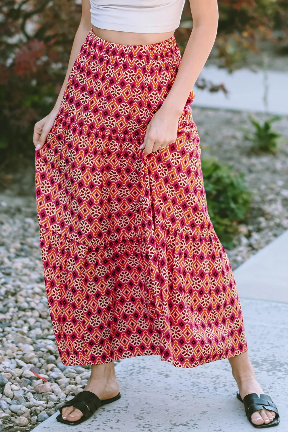 Rose Vintage Boho Floral Print Tiered Maxi Skirt sold by Beagle Boutique