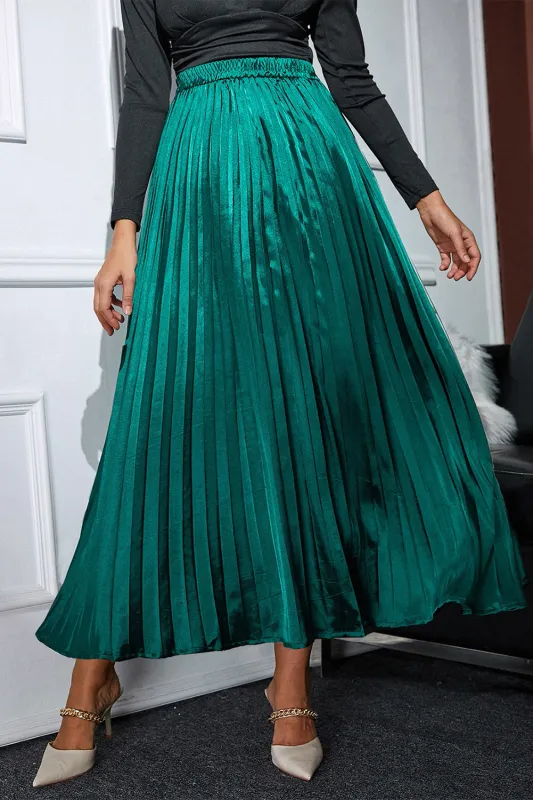 Blackish Green Satin Elastic Waist Pleated Maxi Skirt sold by Beagle Boutique