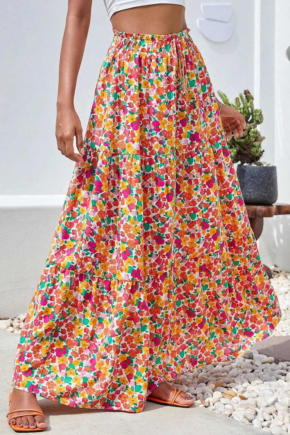 Yellow Boho Floral Print Tiered Long Skirt sold by Beagle Boutique product image thumbnail 3