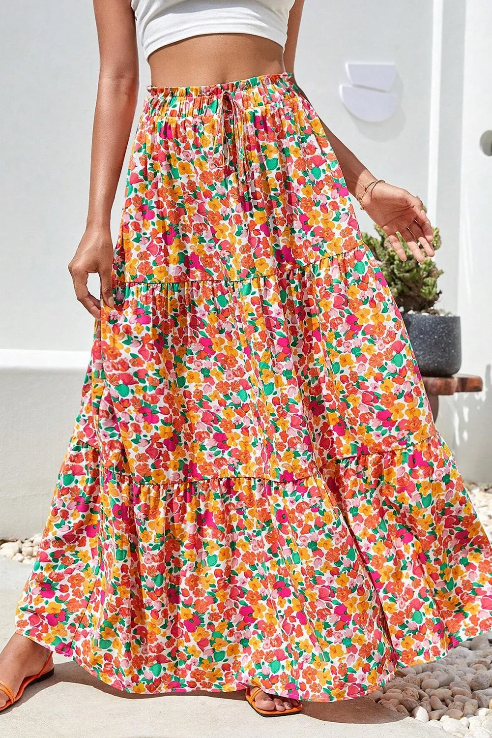 Yellow Boho Floral Print Tiered Long Skirt sold by Beagle Boutique