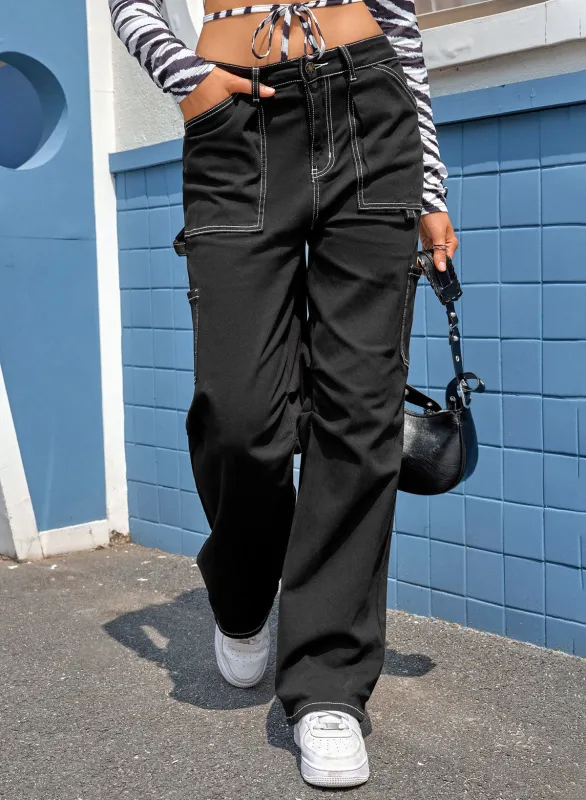 Black High Waist Straight Leg Cargo Trousers with Pockets sold by Beagle Boutique