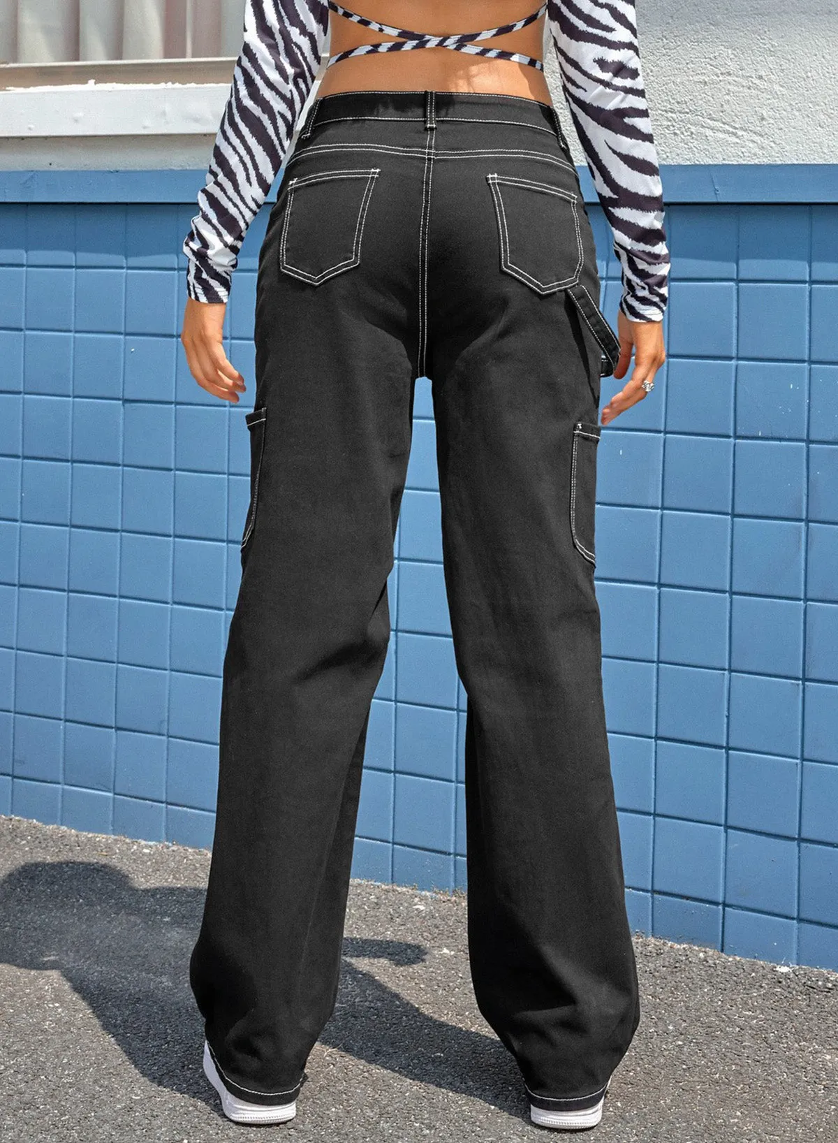 Black High Waist Straight Leg Cargo Trousers with Pockets sold by Beagle Boutique product image thumbnail 2