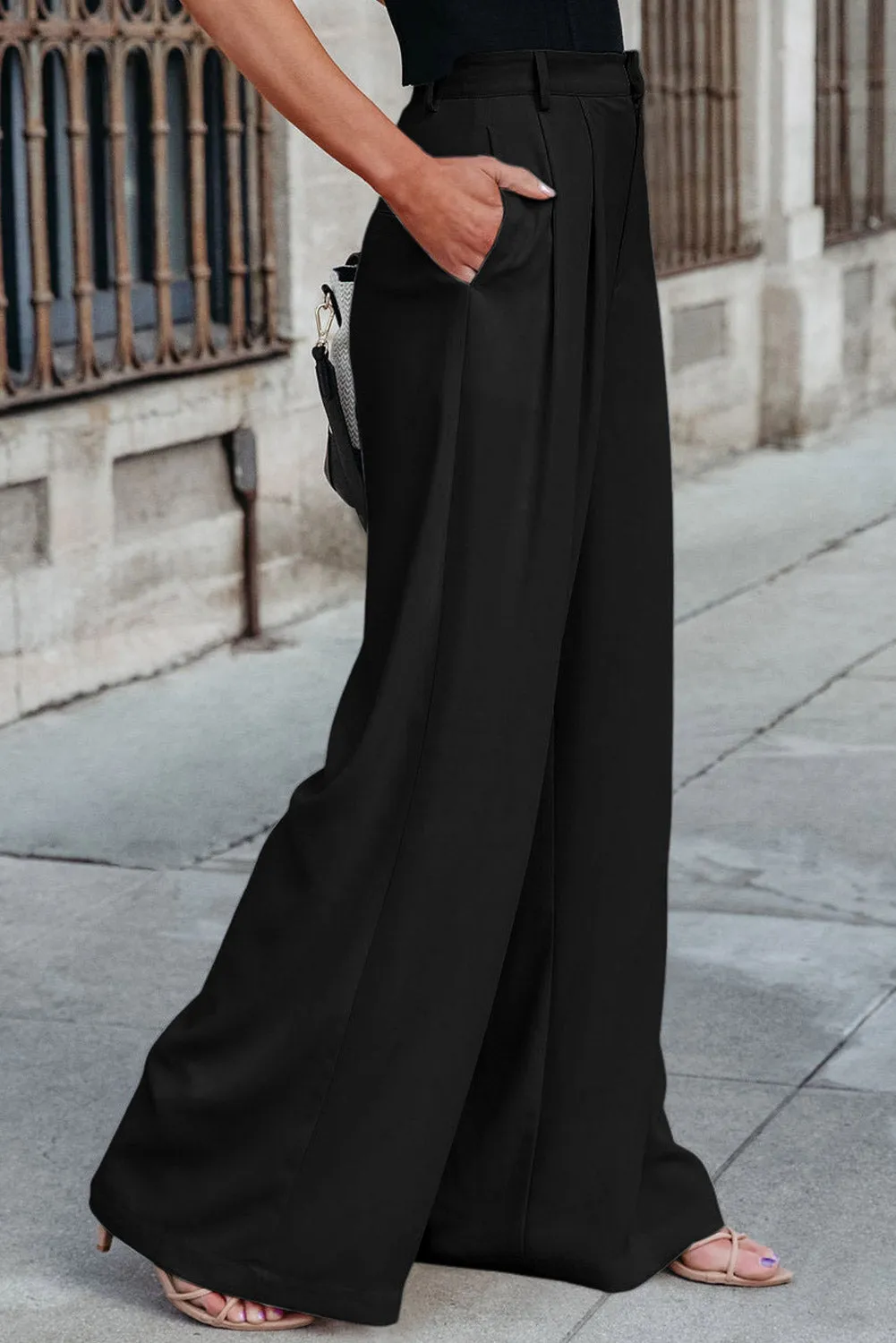 Black Pleated Elegant Wide Leg Trousers sold by Beagle Boutique product image thumbnail 3
