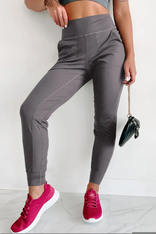 Medium Grey Exposed Seam High Waist Pocketed Joggers sold by Beagle Boutique