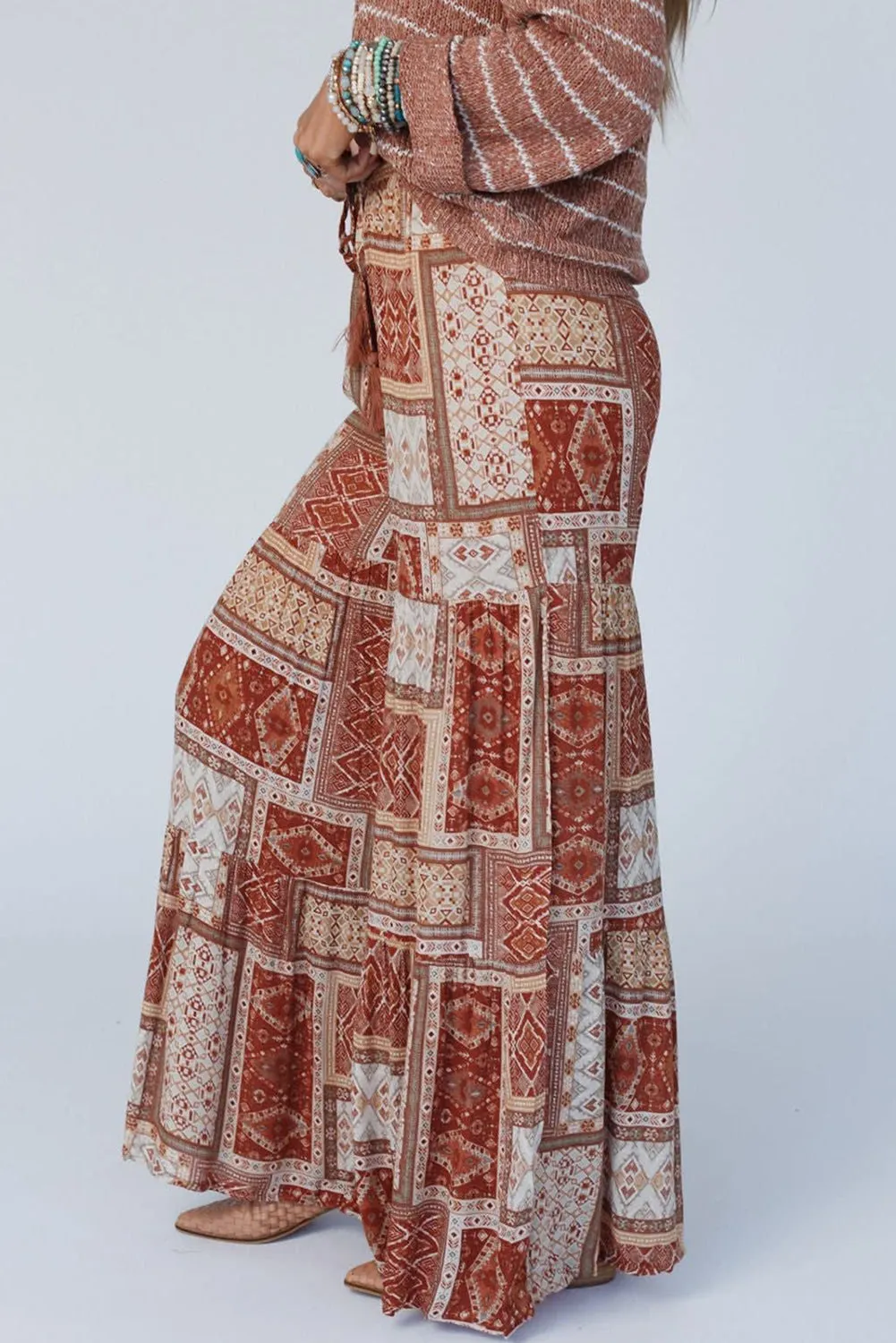 Brown Boho Aztec Print Tiered Palazzo Trousers sold by Beagle Boutique product image thumbnail 3