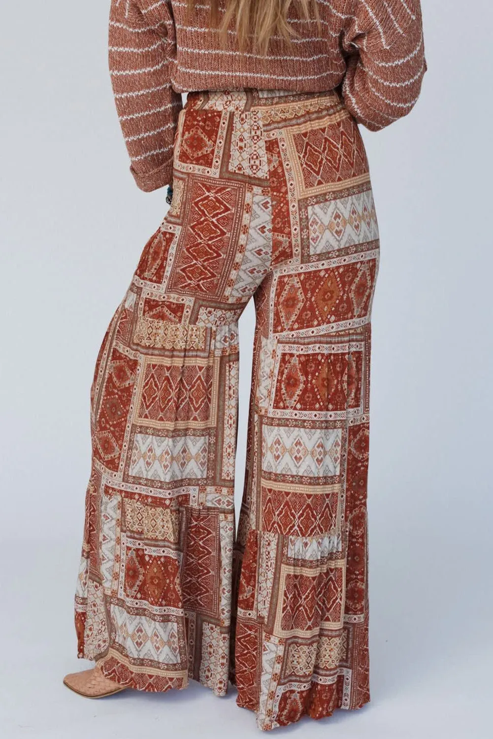 Brown Boho Aztec Print Tiered Palazzo Trousers sold by Beagle Boutique product image thumbnail 2