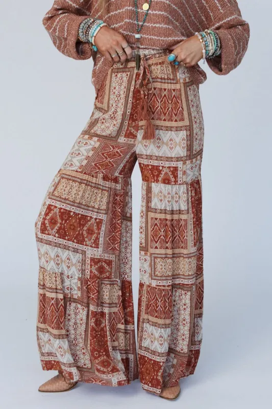 Brown Boho Aztec Print Tiered Palazzo Trousers sold by Beagle Boutique