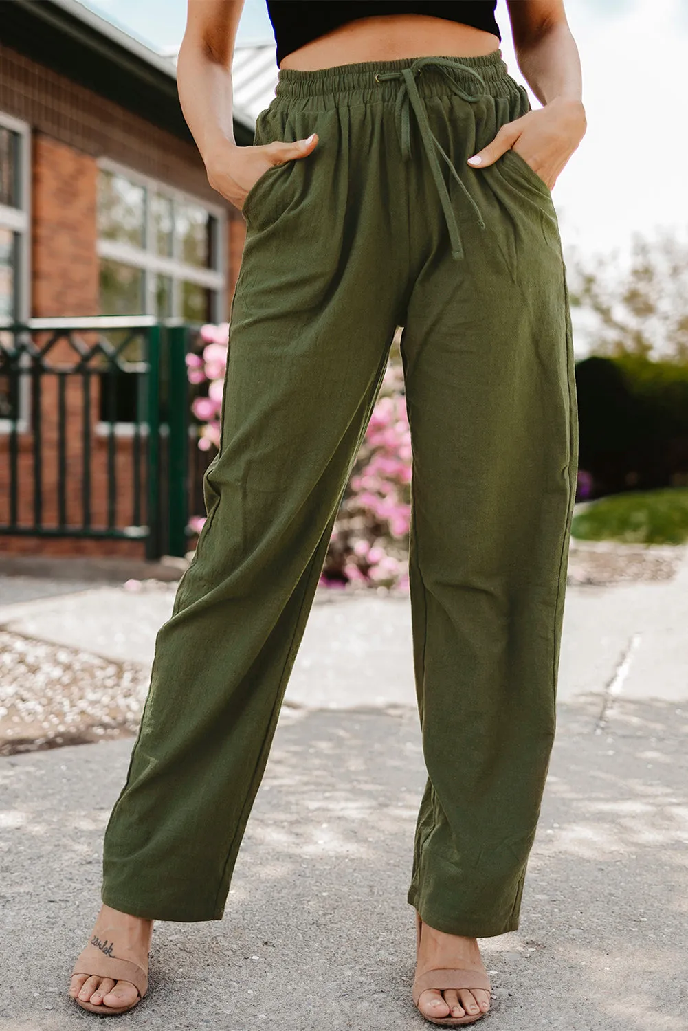 Green Drawstring Elastic Waist Pockets Long Straight Legs Trousers sold by Beagle Boutique