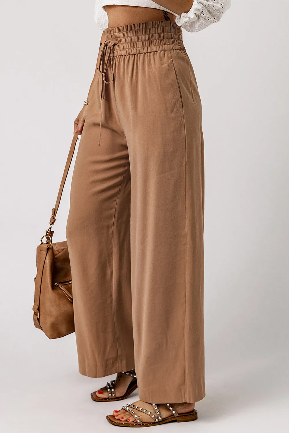 Brown Drawstring Elastic Waist Casual Wide Leg Trousers sold by Beagle Boutique product image thumbnail 2