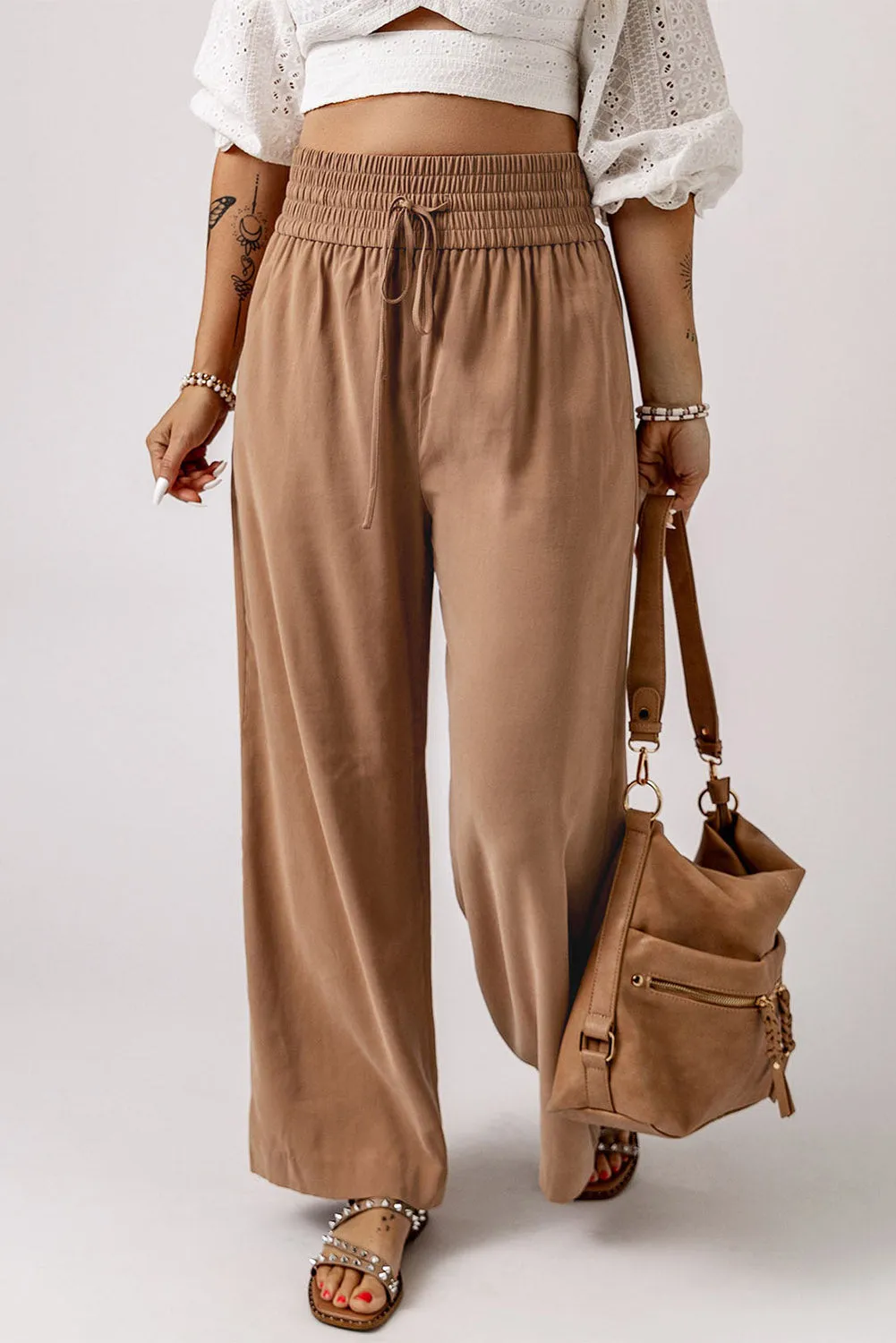 Brown Drawstring Elastic Waist Casual Wide Leg Trousers sold by Beagle Boutique