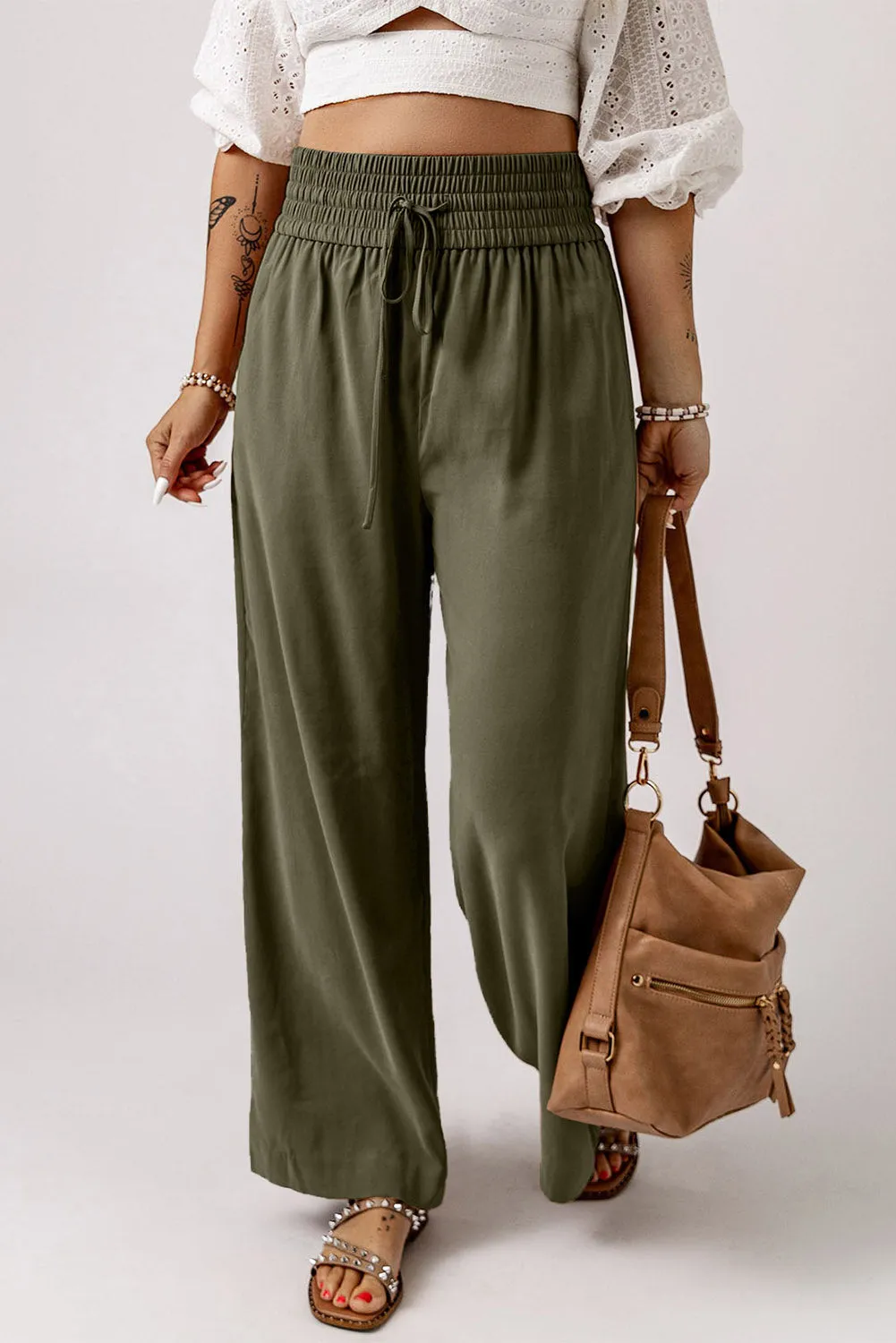 Brown Drawstring Elastic Waist Casual Wide Leg Trousers sold by Beagle Boutique product image thumbnail 4