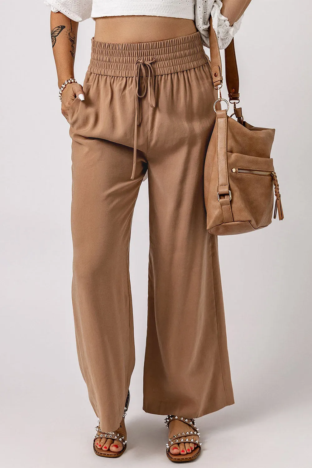 Brown Drawstring Elastic Waist Casual Wide Leg Trousers sold by Beagle Boutique product image thumbnail 3