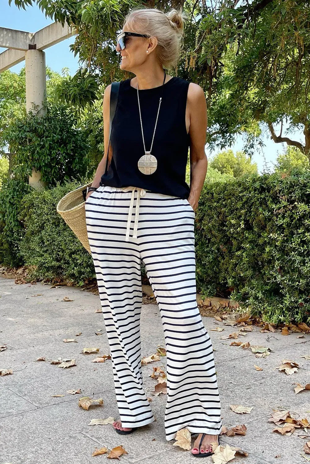 White Drawstring Striped Wide Leg Trousers sold by Beagle Boutique product image thumbnail 3